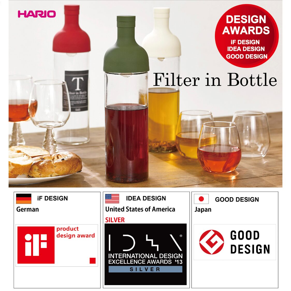 Hario Filter-in Bottle 25 oz. Red Glass Cold Brew Tea Infuser FIB-75-R