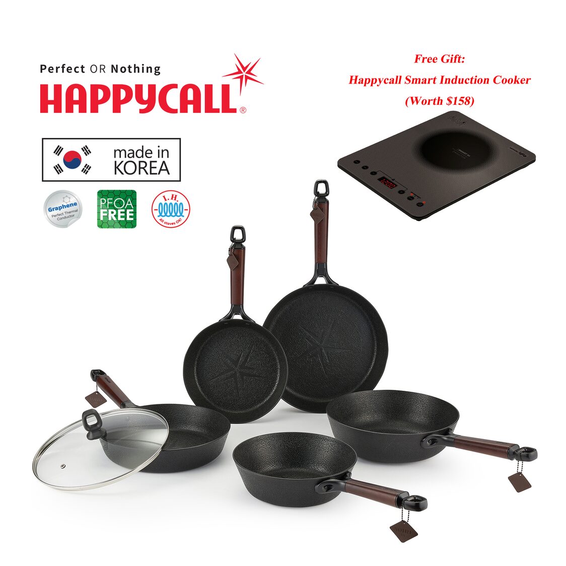 Happycall IH Noire 5pc Die Cast Cookware Set 4900-0080 Free Happycall Smart IH Induction CookerHC-IH4300S