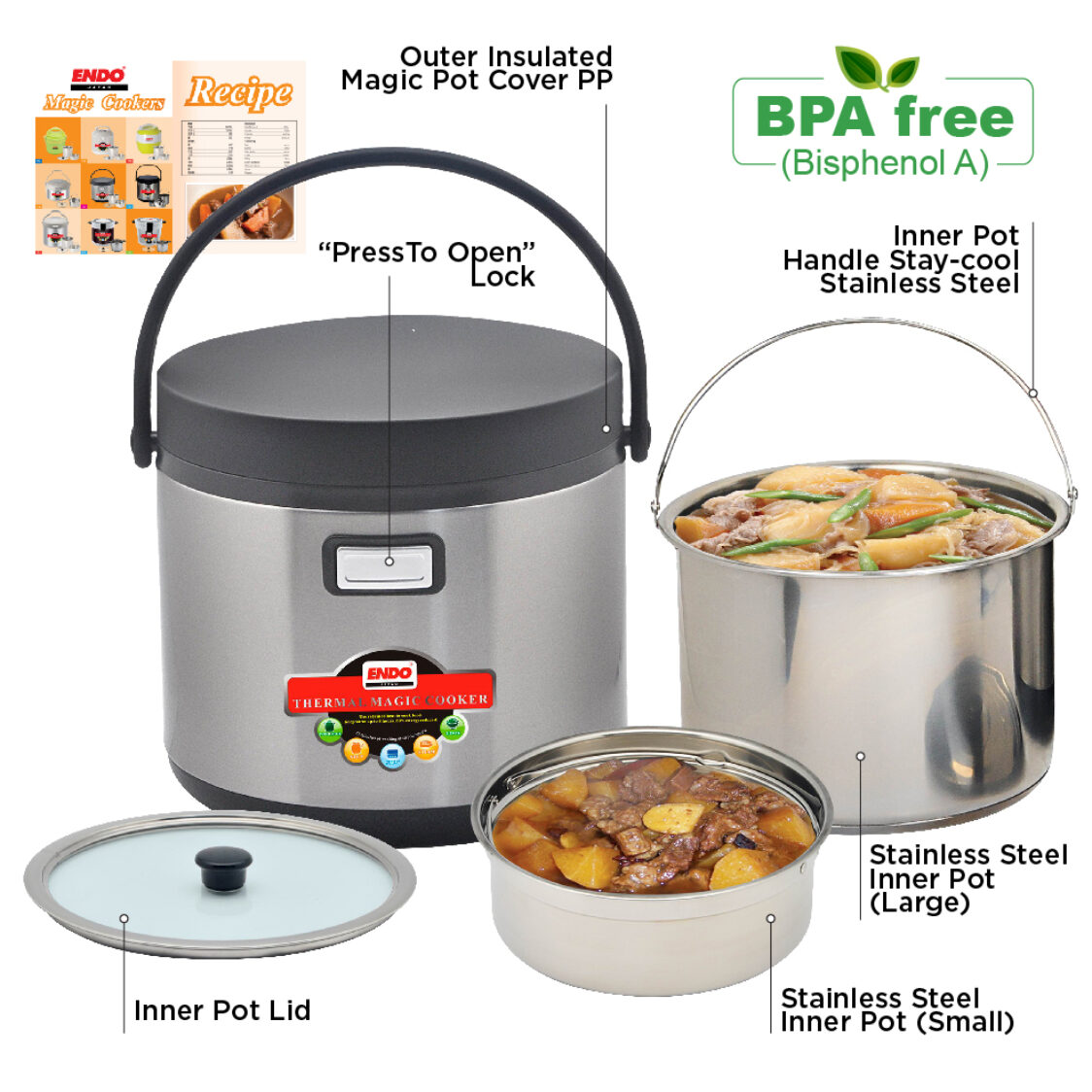 Endo 5L Thermal Magic Cooker + 1.5L Double Stainless Steel Thermal Food