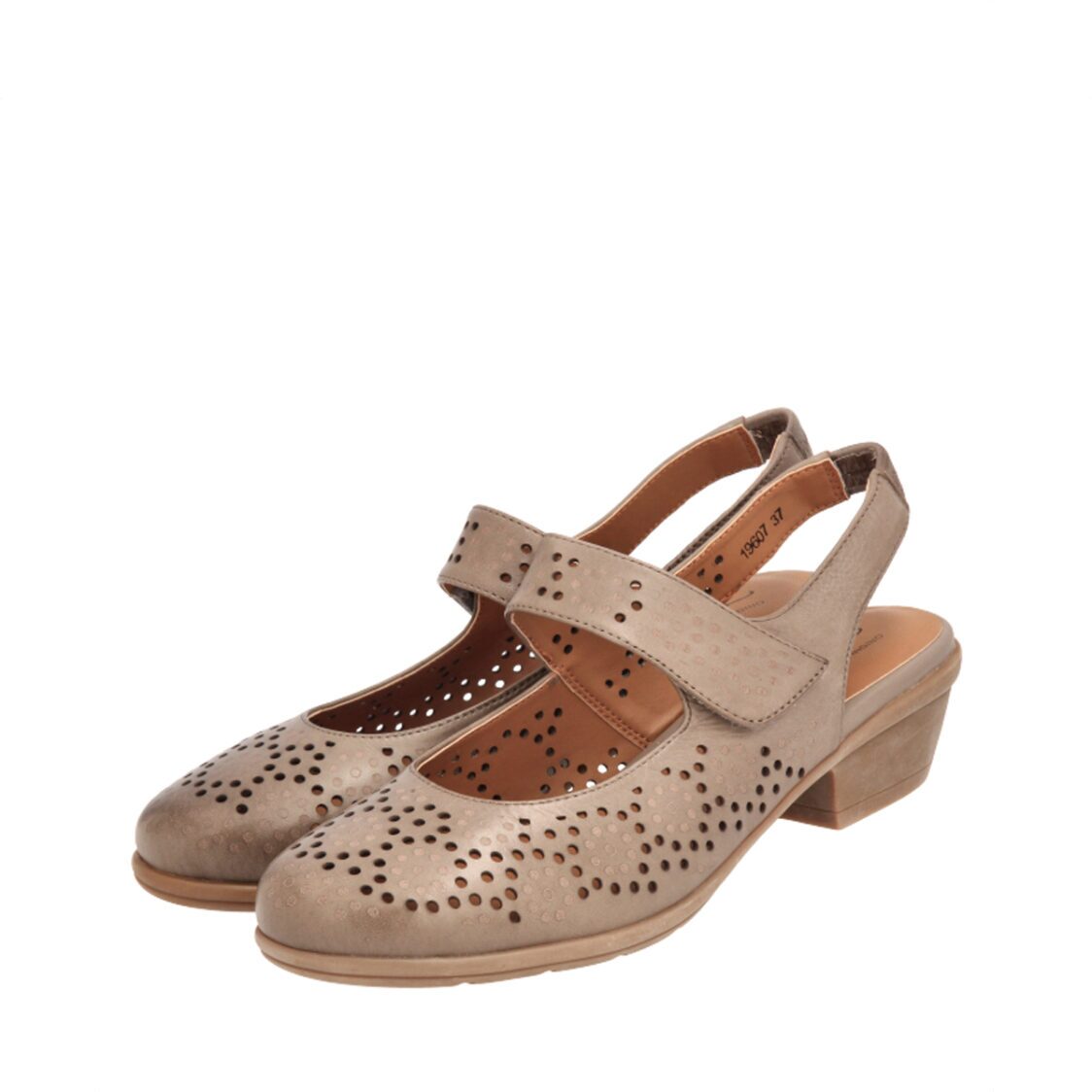 Barani 19607 Khaki Leather Heeled Sandals Short Perforated