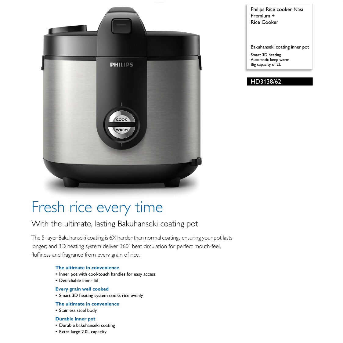 Rice cooker Nasi Premium + Rice Cooker HD3138/62