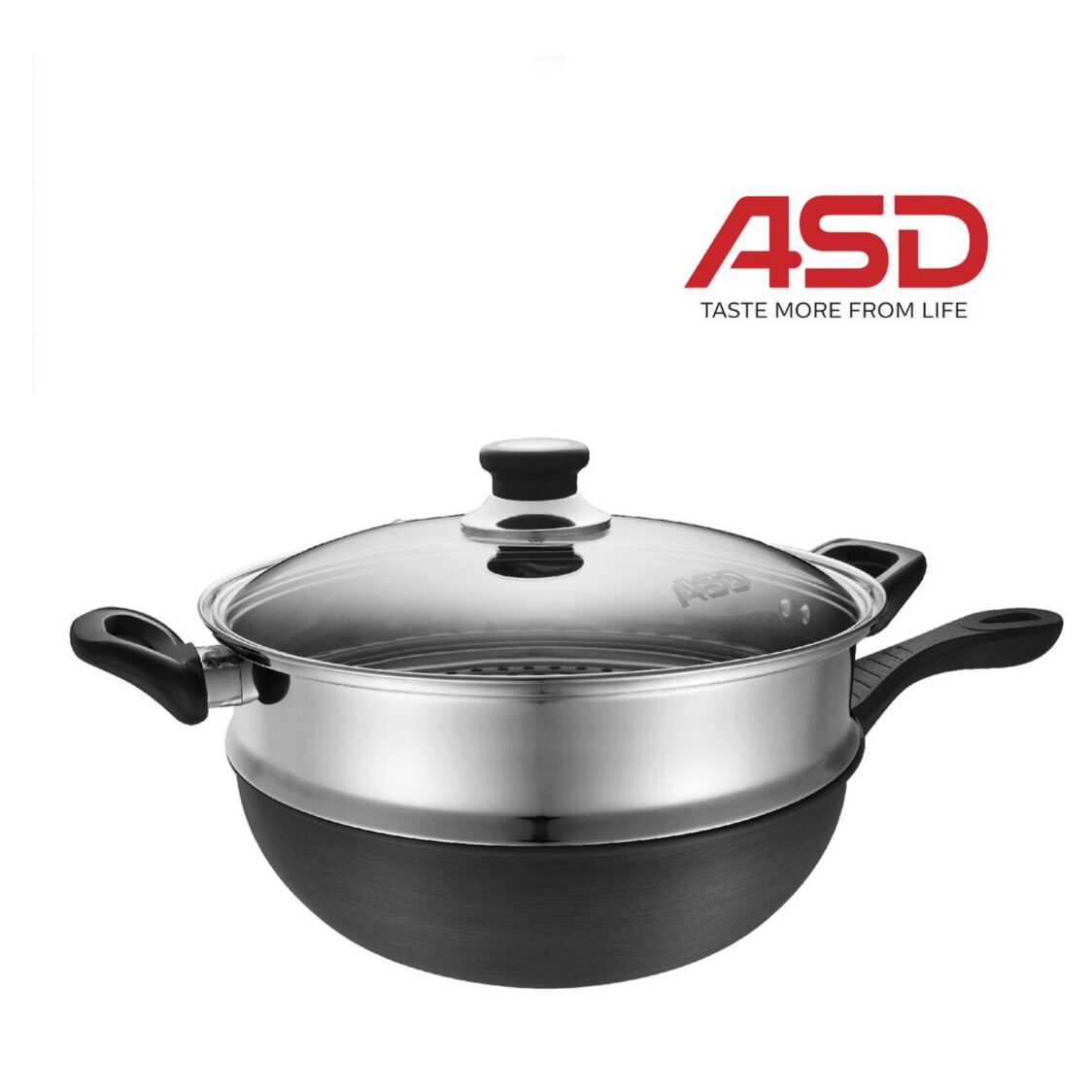 ASD 30cm Hard Anodised Induction Stirfry Pan With Steamer