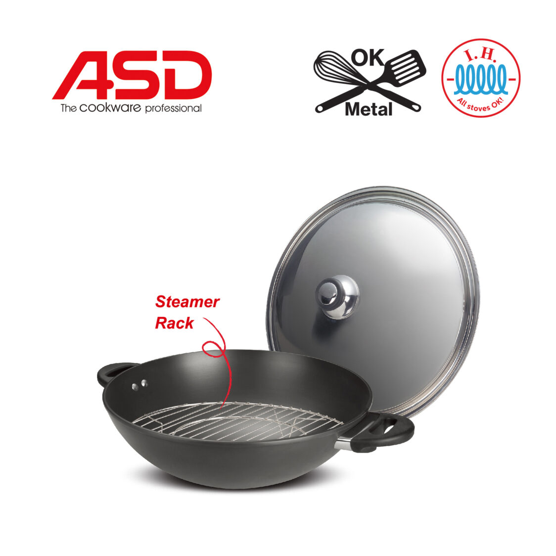 ASD 36cm Hard Anodised Induction Wok With Stainless Steel Cover and Steam Rack HP2536IH-N