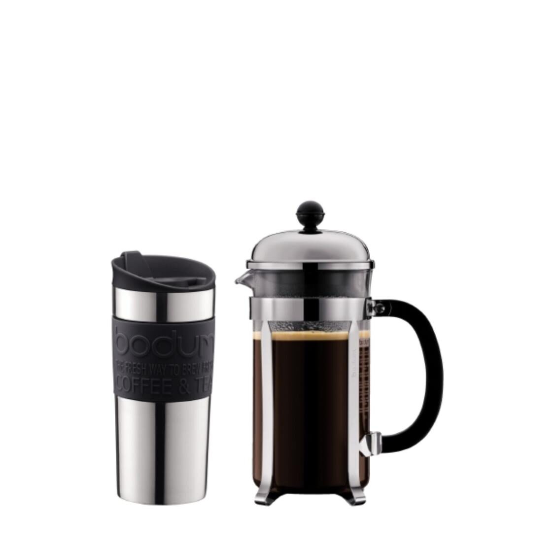 Bodum Chambord Set Coffee Maker 8 Cup 10 L 34 oz And Vacuum Travelmug Small 035 L 12 oz SS Black